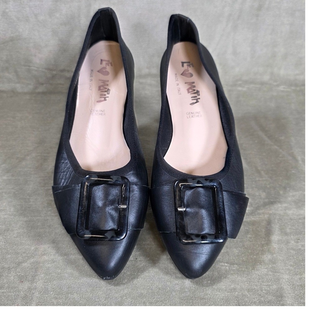 Le Matin Black Leather Pointed Toe Buckle Ballet Flats Made in Italy Womens 9